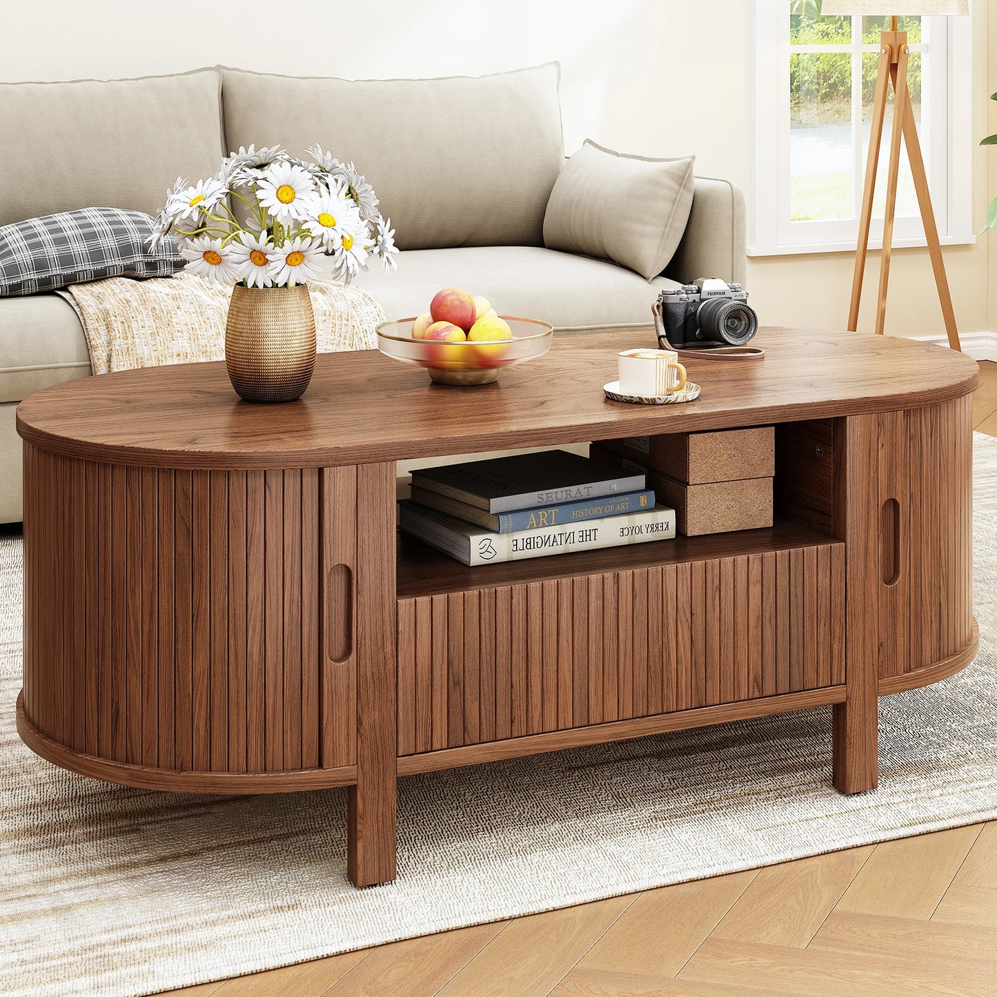 Oval Coffee Table, 47 Inch Fluted Coffee Tables with Cabinets & Sliding Doors, Mid-Century Modern Center Table with Storage