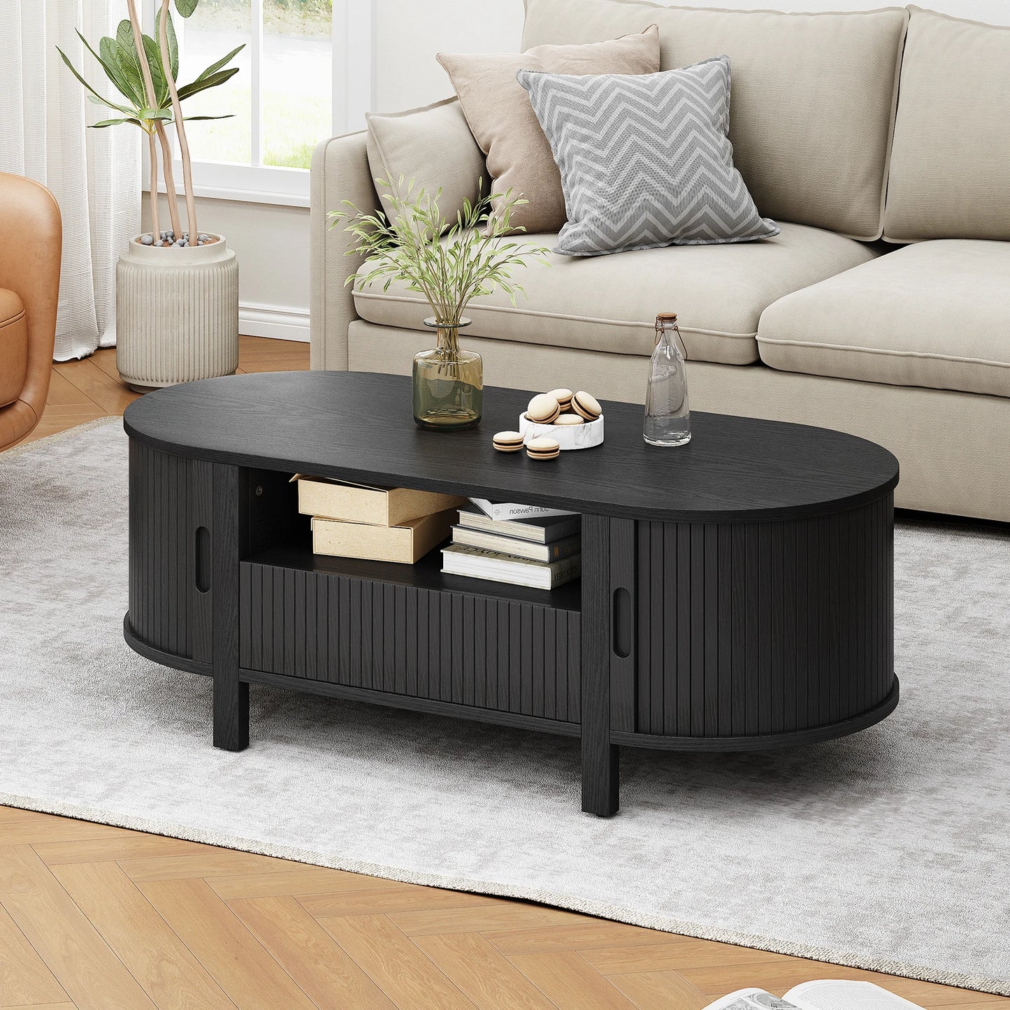 Oval Coffee Table, 47 Inch Fluted Coffee Tables with Cabinets & Sliding Doors, Mid-Century Modern Center Table with Storage
