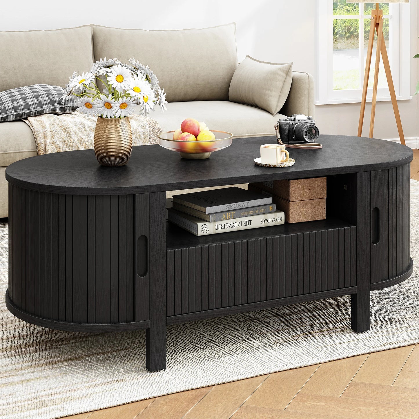 Oval Coffee Table, 47 Inch Fluted Coffee Tables with Cabinets & Sliding Doors, Mid-Century Modern Center Table with Storage