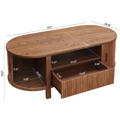 Oval Coffee Table, 47 Inch Fluted Coffee Tables with Cabinets & Sliding Doors, Mid-Century Modern Center Table with Storage