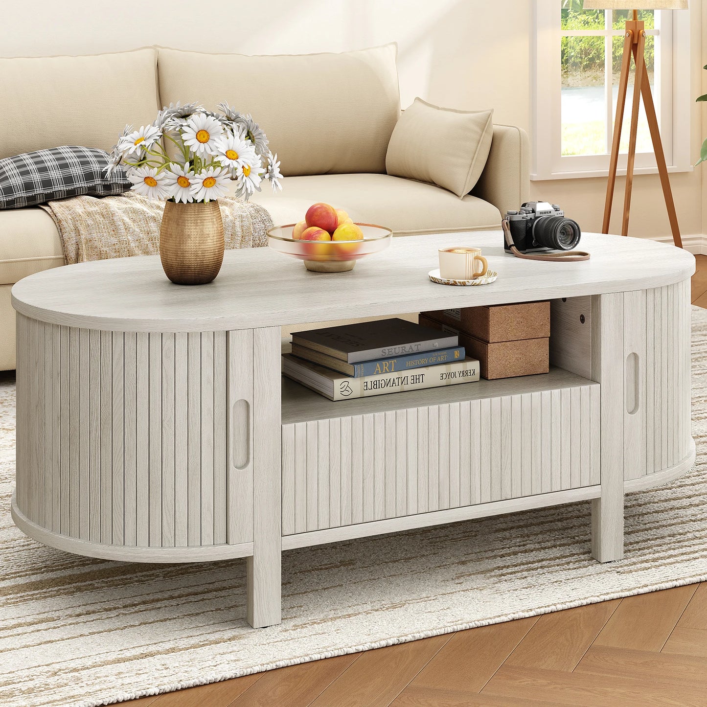 Oval Coffee Table, 47 Inch Fluted Coffee Tables with Cabinets & Sliding Doors, Mid-Century Modern Center Table with Storage