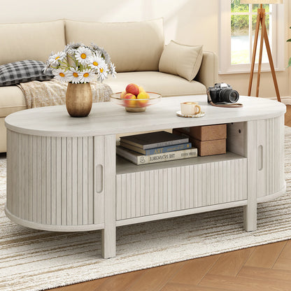 Oval Coffee Table, 47 Inch Fluted Coffee Tables with Cabinets & Sliding Doors, Mid-Century Modern Center Table with Storage