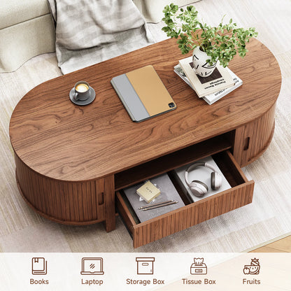 Oval Coffee Table, 47 Inch Fluted Coffee Tables with Cabinets & Sliding Doors, Mid-Century Modern Center Table with Storage