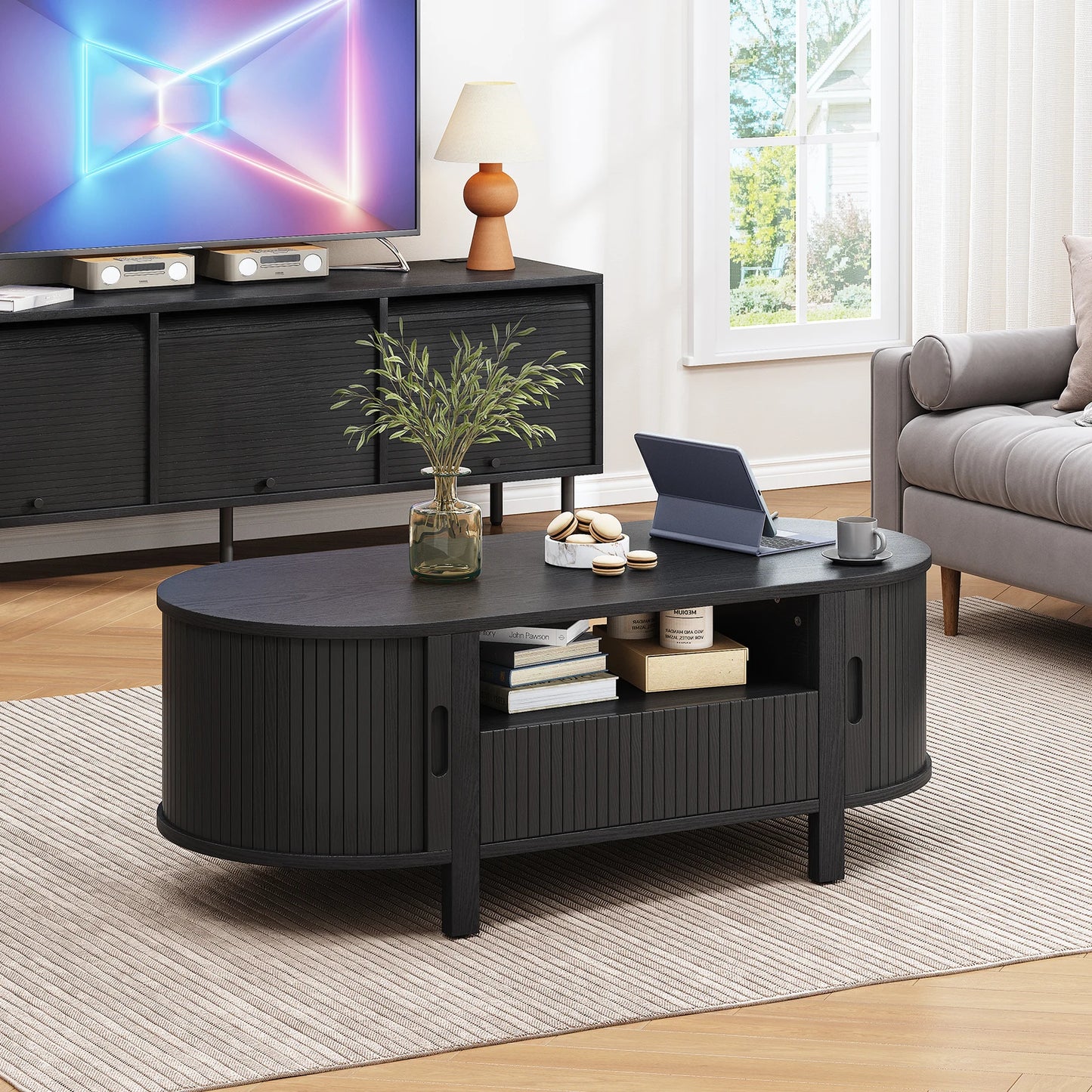 Oval Coffee Table, 47 Inch Fluted Coffee Tables with Cabinets & Sliding Doors, Mid-Century Modern Center Table with Storage