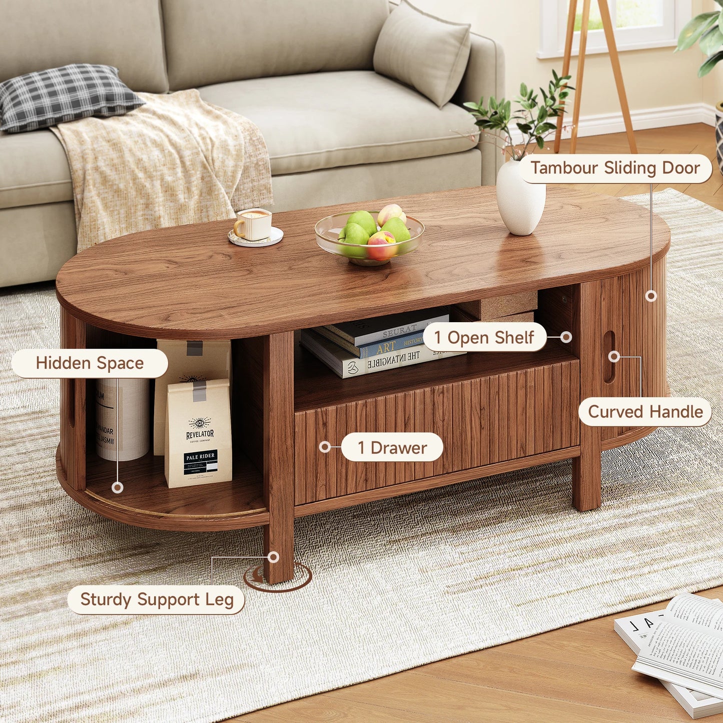 Oval Coffee Table, 47 Inch Fluted Coffee Tables with Cabinets & Sliding Doors, Mid-Century Modern Center Table with Storage