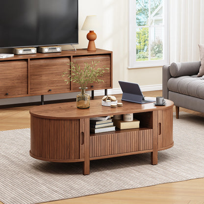 Oval Coffee Table, 47 Inch Fluted Coffee Tables with Cabinets & Sliding Doors, Mid-Century Modern Center Table with Storage
